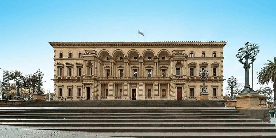 A front view of the Old Treasury Building in Melbourne